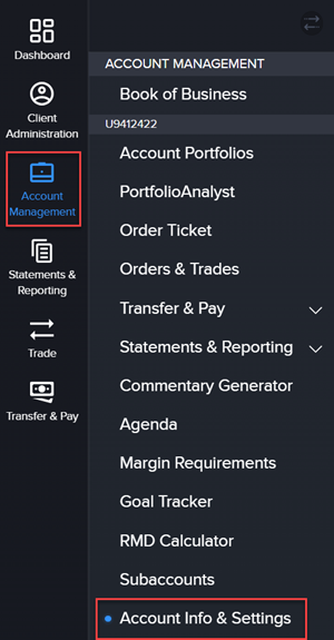 The account info and settings menu in portal. 